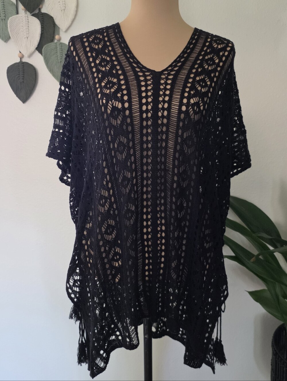 Black Knit Poncho Cover Up With Tassel Side